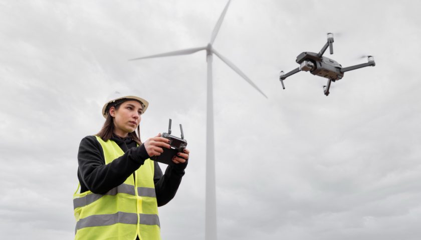 un drône de chantier contrôlé par un femme ingénieur