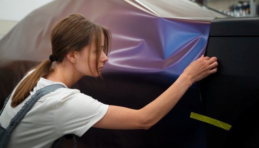 Une femme pose du covering auto